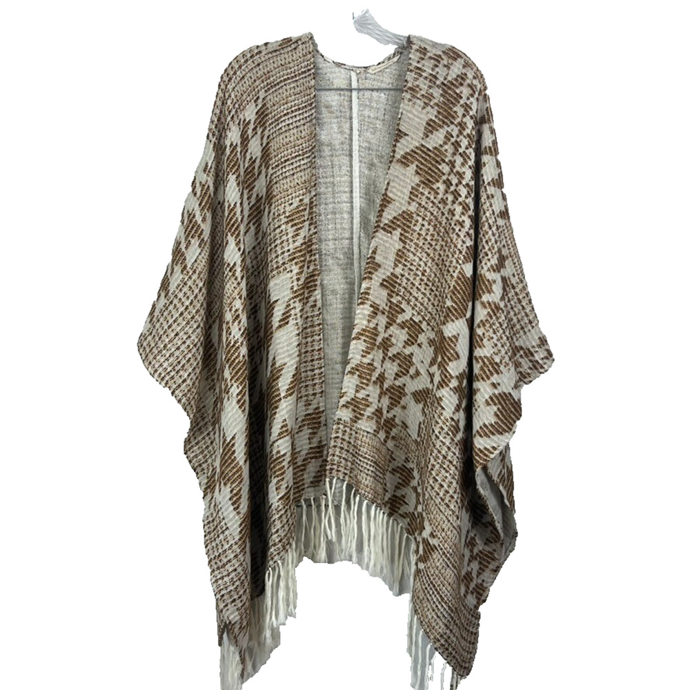 Soft Surroundings Kimono Poncho Women's One Size Ivory Brown Kensington Fringe